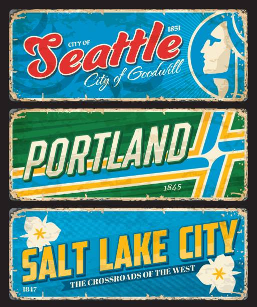 illustrazioni stock, clip art, cartoni animati e icone di tendenza di piatti delle città di seattle, portland e salt lake city - salt lake city illustrations