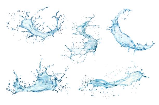 Transparent blue water wave splashes with drops Transparent blue water splashes and wave with drops. Vector liquid splashing fluids with droplets, isolated realistic 3d elements, transparent fresh drink, clear aqua falling or pour with air bubbles splashing stock illustrations