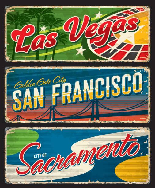Las Vegas, San Francisco and Sacramento tin signs Las Vegas, San Francisco and Sacramento american cities plates and travel stickers. USA journey vintage plates, United States of America city vector tin sign with casino roulette, Golden Gate Bridge las vegas stock illustrations