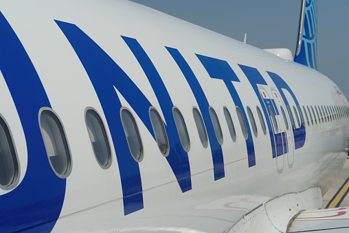 Puerto Vallarta, Mexico - April 21, 2022: close-up image of a United Airlines jet shown on the apron.