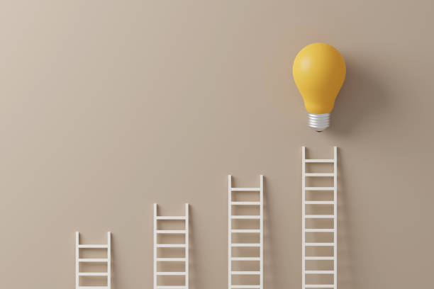 istock Light bulb yellow standing with ladder on background. Concept of creative idea and innovation. 3d render illustration 1396375202
