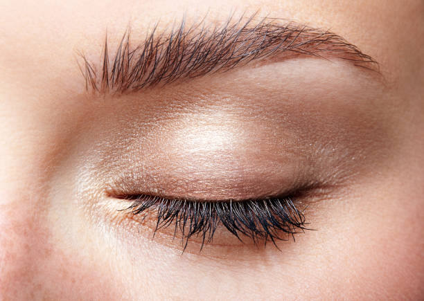 Closeup macro shot of closed human female eye with natural day face beauty make up stock photo