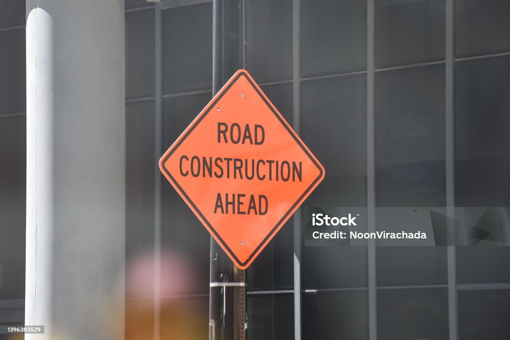 ROAD CONSTRUCTION AHEAD, construction sign Transportation, Signs, Parks/Outdoor Adversity Stock Photo ROAD CONSTRUCTION AHEAD, construction sign Transportation, Signs, Parks/Outdoor Adversity Stock Photo