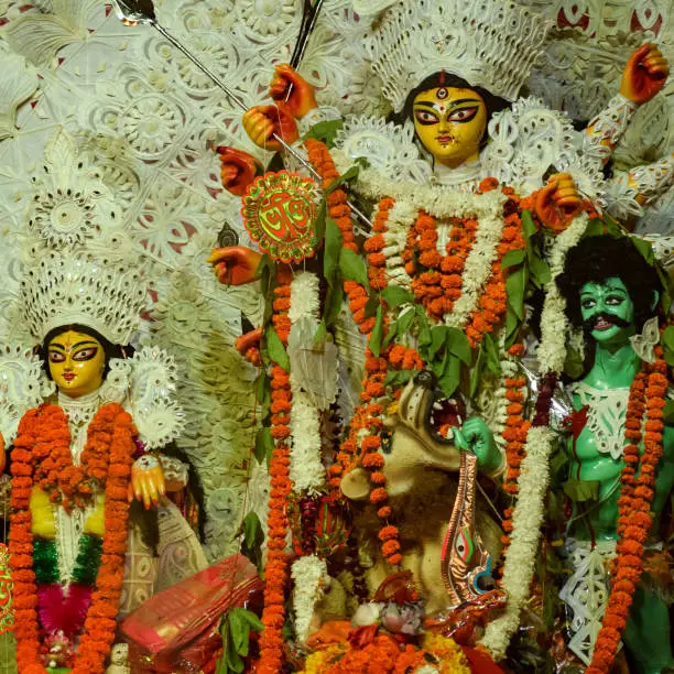 Photo of Goddess Durga with traditional look in close up view at a South Kolkata Durga Puja, Durga Puja Idol, A biggest Hindu Navratri festival in India