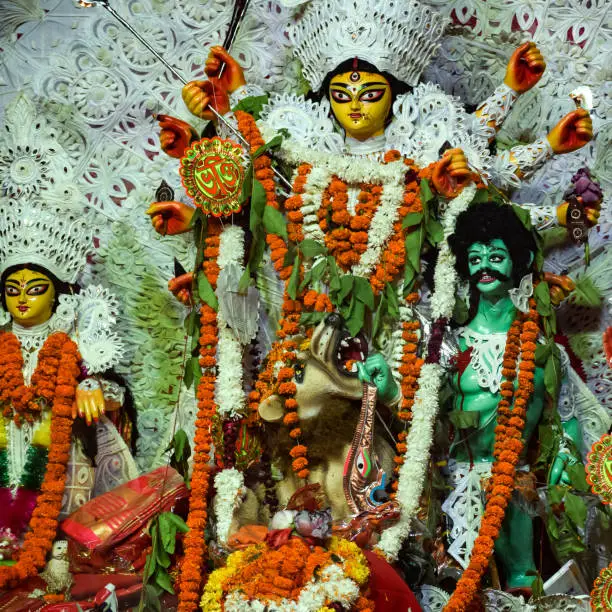 Photo of Goddess Durga with traditional look in close up view at a South Kolkata Durga Puja, Durga Puja Idol, A biggest Hindu Navratri festival in India