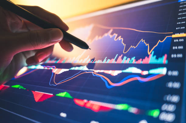 istock Technical candlestick price chart showing up and down trend, volatility, panic sell, red selling stock ticker trading data on computer screen background Financial business concept 1396383929