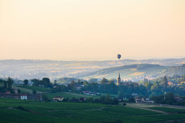 Village of the Bois d'Oingt overflown by a mongolian, Beaujolais Baloon flying over Le Bois d'Oingt village, Beaujolais golden hour wine stock pictures, royalty-free photos & images