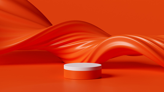 3d rendering of cylindrical podium on orange color waves background, illustration fashion or showcase product mockup, banner template website, inspiration concept