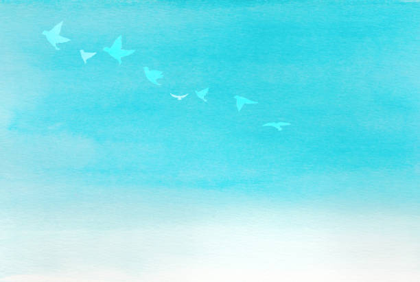 istock Watercolor background and flapping bird silhouette in the image of summer blue sky 1396389369