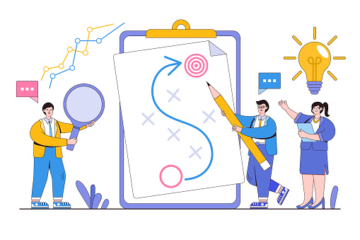 Strategic planning, overcoming adversity or impediment to achieve a goal or target, team brainstorming, competitive analysis concepts illustrations. Tactic chart for company team planning for success.