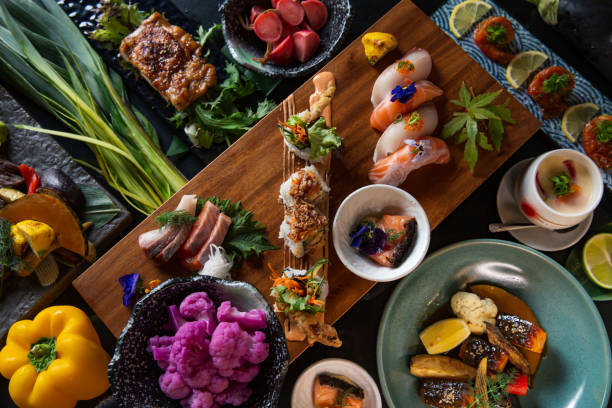 istock Top view Japanese sushi kaiseki fine dining platter combo set 1396391199