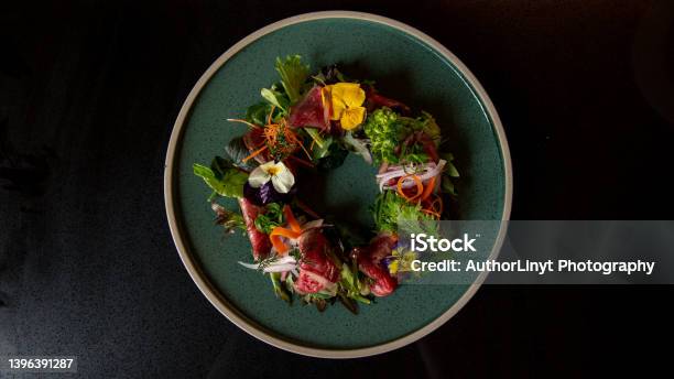 Top View Of Tartare Beef Flower Circle Salad In The Fine Dining Japanese Restaurant Stock Photo - Download Image Now