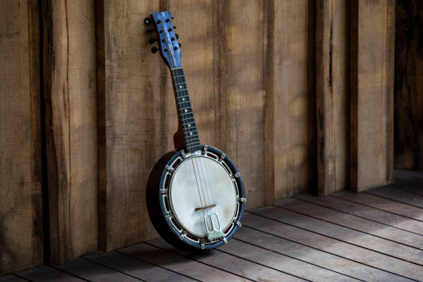 istock Banjo Mandolin on a veranda. Vertical wooden cladding. 1396391459