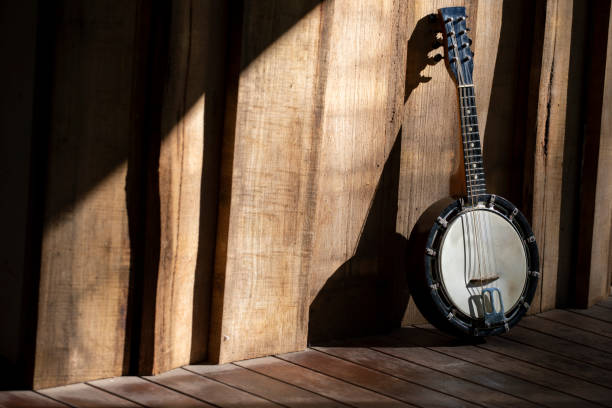 Banjo-mandolin with dramatic shadows. Classic Banjo-mandolin on a porch, sunlight producing dramatic shadows. banjo stock pictures, royalty-free photos & images