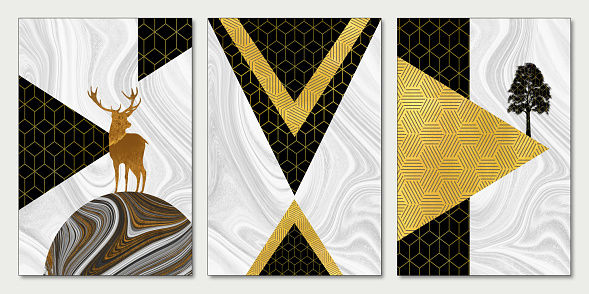 3d abstract wall frame decor.  black and golden triangle shapes, deers, and trees on gray marble background.