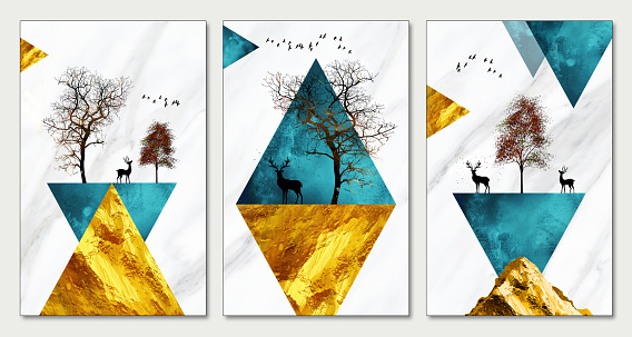 3d abstract wall frame decor.  turquoise and golden triangle shapes, deers, and tree in white marble in the background.