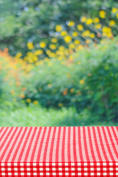 istock Empty table with red and white tablecloth over blurred park nature background, for product display montage, spring and summer 1396394499