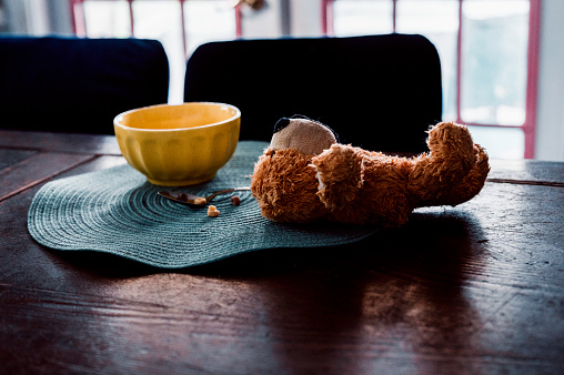 A children’s breakfast bowl with stuffed toy