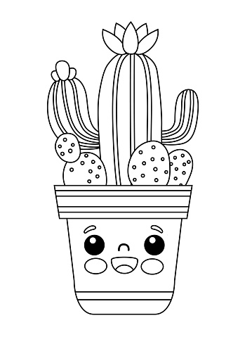Coloring for kids. Set of Cute cactus and succulents in pots. Black and white contour