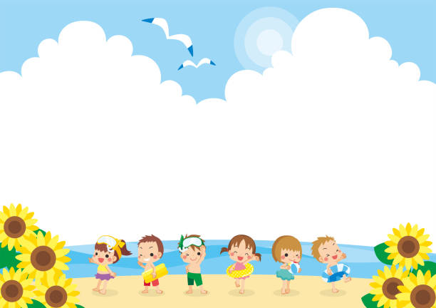 ilustrações de stock, clip art, desenhos animados e ícones de little kids on the beach - swimwear child inner tube little girls