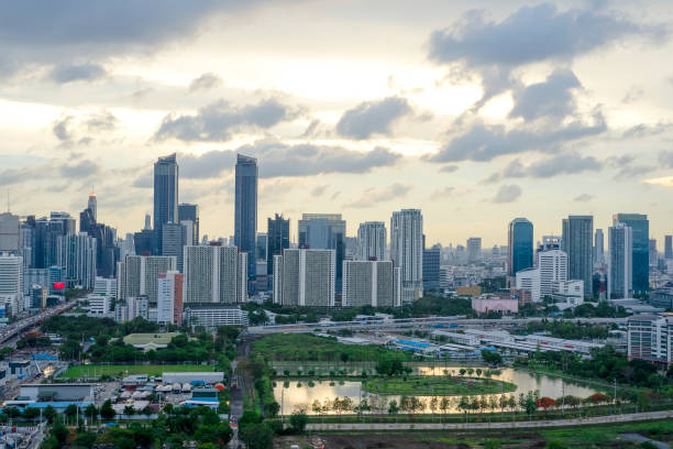 istock Timelapse of cityscape. High view, city skyline, moving cloud. 1396397607