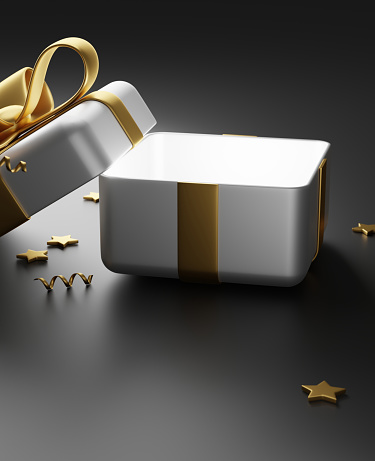 Open luxury silver gift box with gold ribbon 3D render