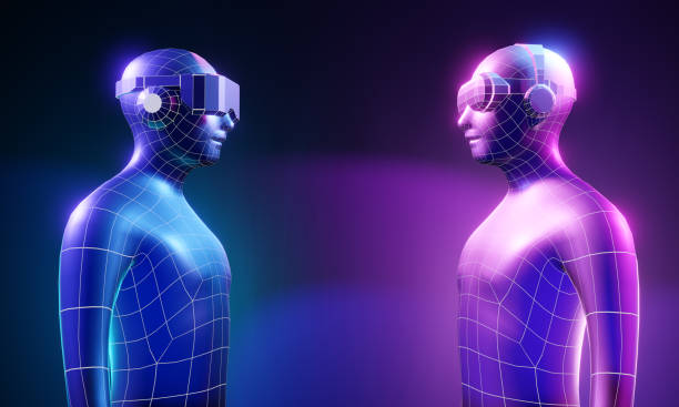 istock 3D wireframe two virtual human team wear VR headset standing on blue purple dark background. 3D illustration rendering 1396399721