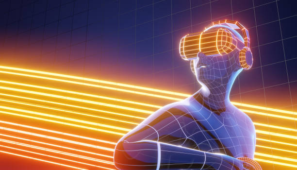 istock 3D blue wireframe virtual human wear orange VR headset on light orange dark background. 3D illustration rendering 1396399739