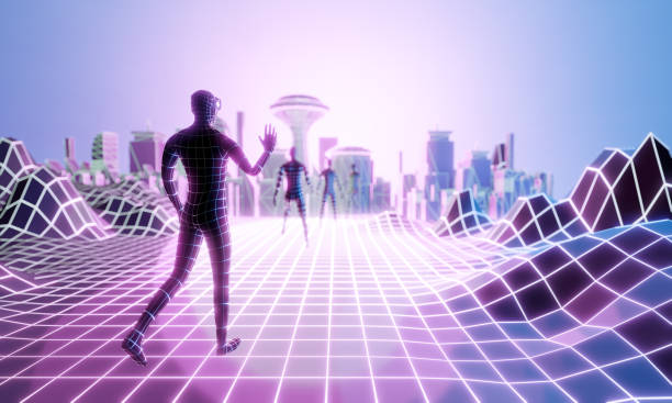 istock 3D Wireframe human wear VR virtual reality headset with city background. 3D illustration rendering 1396399745