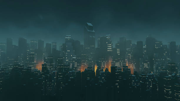 istock Dark city technology background. cyber punk style. 3D illustration rendering. 1396399752