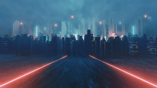 istock Neon dark city with red light technology background. cyber punk style. 3D illustration rendering. 1396399753