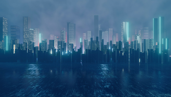 Dark city with blue light technology background. cyber punk style. 3D illustration rendering.