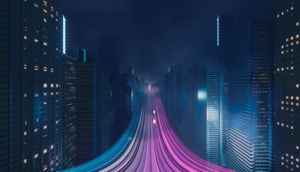 istock Light Trial effect way with dark neon building technology background. Cyberpunk concept. 3D Illustration rendering. 1396399767