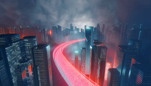 istock Light Trial effect way with dark neon building technology background. Cyberpunk concept. 3D Illustration rendering. 1396399774