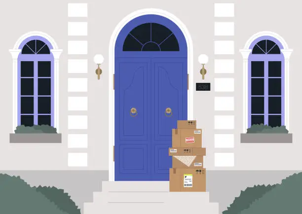 Vector illustration of A vintage building entrance with an ornate door and windows, a contactless delivery, packages sitting in front of the entrance