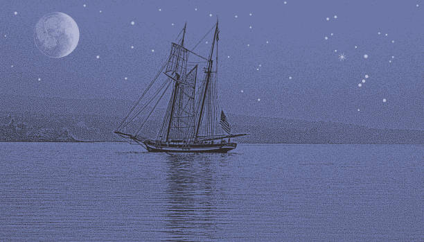 illustrations, cliparts, dessins animés et icônes de grand voilier la nuit avec lune et étoiles - antique engraved image moonlight night