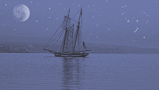 Vector illustration of a Tall ship at night with moon and stars