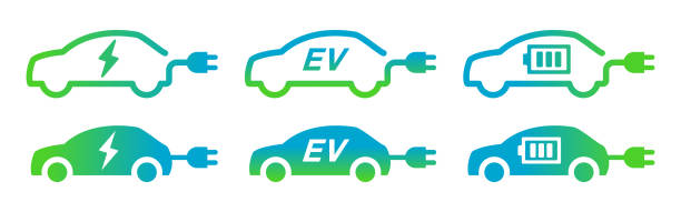 ekologiczny zestaw ikon wektorowych samochodu z wtyczką ładującą do samochodów elektrycznych i ev - graphix stock illustrations