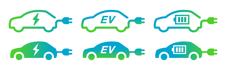 Eco-friendly car vector icon set with charging plug for electric and EV cars
