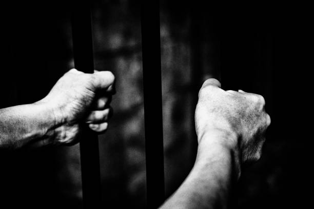 istock Image of a person's hand trapped in a cage ,Monochrome 1396402695