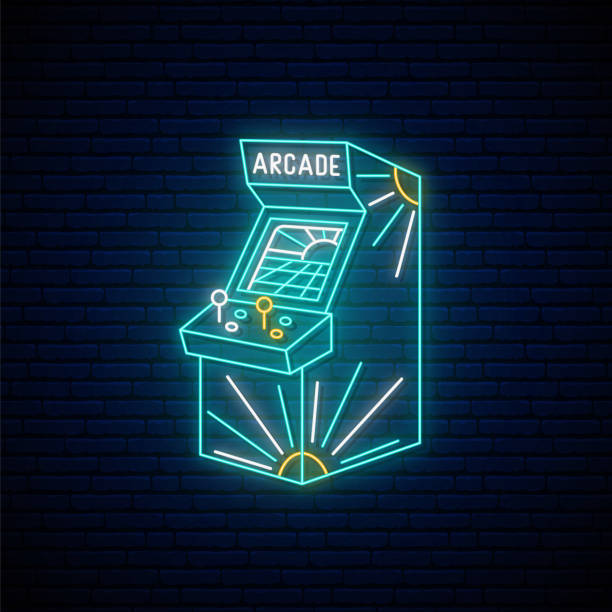 istock Neon arcade game machine sign . Glowing arcade game emblem, bright advertising banner. Retro neon signboard. Vector illustration. 1396402859
