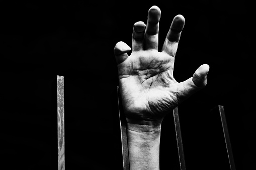 Image of a person's hand trapped in a cage ,Monochrome