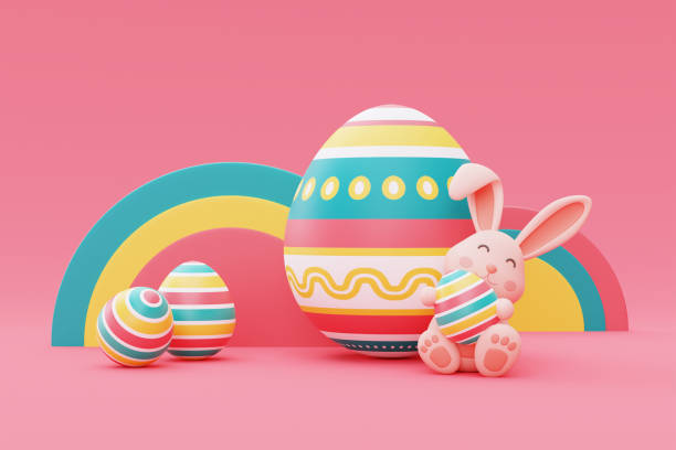 istock Happy Easter colorful background with easter eggs and easter bunny,International Spring Celebration,minimal style,3d rendering. 1396407275