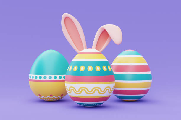 istock Colorful easter eggs with bunny ears on purple backgound,happy easter holiday concept.minimal style,3d rendering. 1396407284