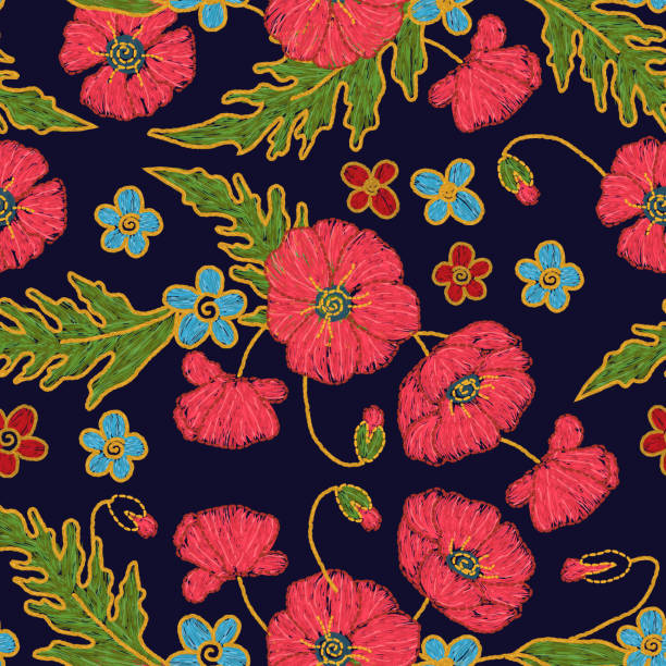 ilustraciones, imágenes clip art, dibujos animados e iconos de stock de patrón de bordado de flores florales ucranianas. - poppy oriental poppy plant spring