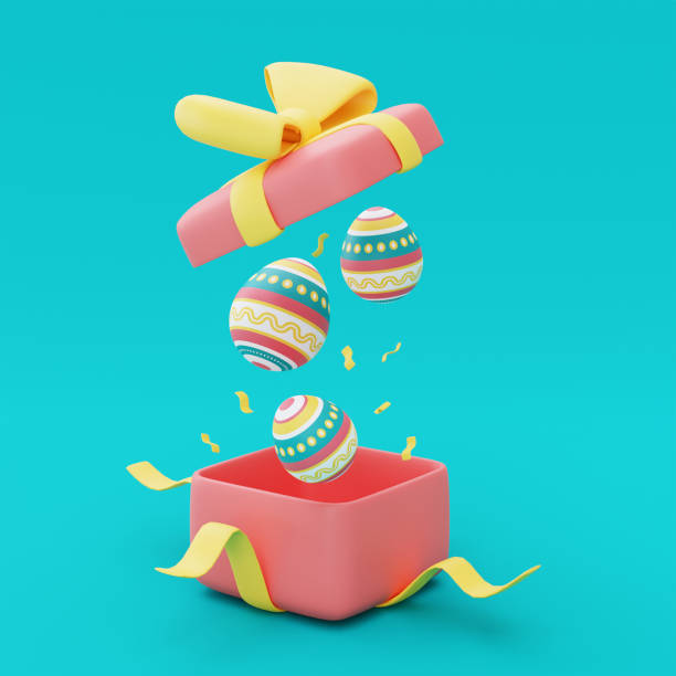istock Opened pink gift box with colorful easter eggs on blue background,happy easter holiday concept.minimal style,3d rendering. 1396407382