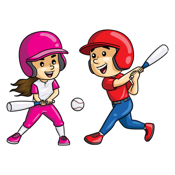 бейсболист софтбол детский мультфильм - baseball batting bat fielder stock illustrations