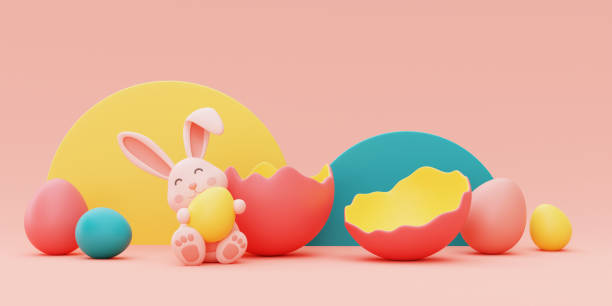 istock Easter bunny with colorful easter eggs,happy easter holiday concept.minimal style,3d rendering. 1396407459