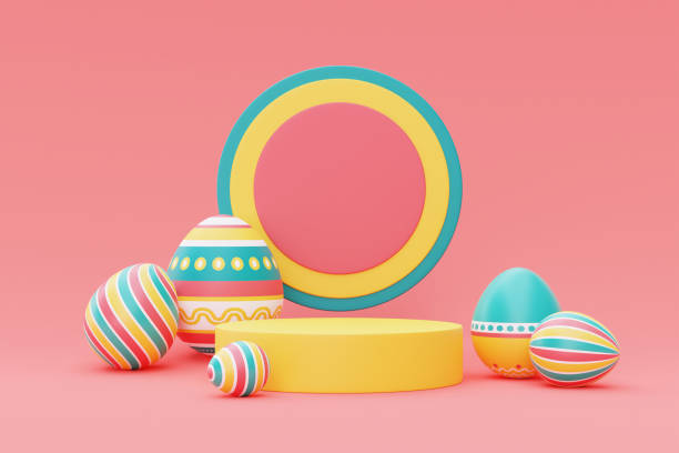 istock 3d render of colorful easter eggs with podium,happy easter holiday concept.minimal style,3d rendering. 1396407549