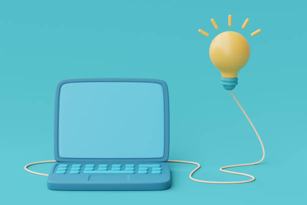 istock 3d render yellow lightbulb floating with computer laptop on blue background.minimal style,3d rendering. 1396407652